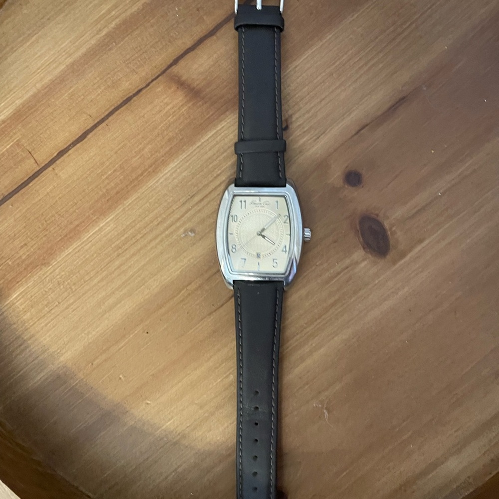 Kenneth Cole Black Leather Strap Watch with Silver Dial